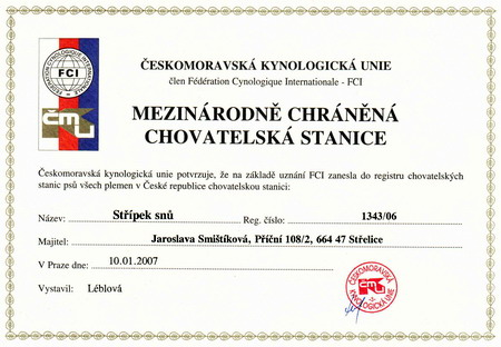 Certifikát chovatelské stanice Střípek snůl - FCI